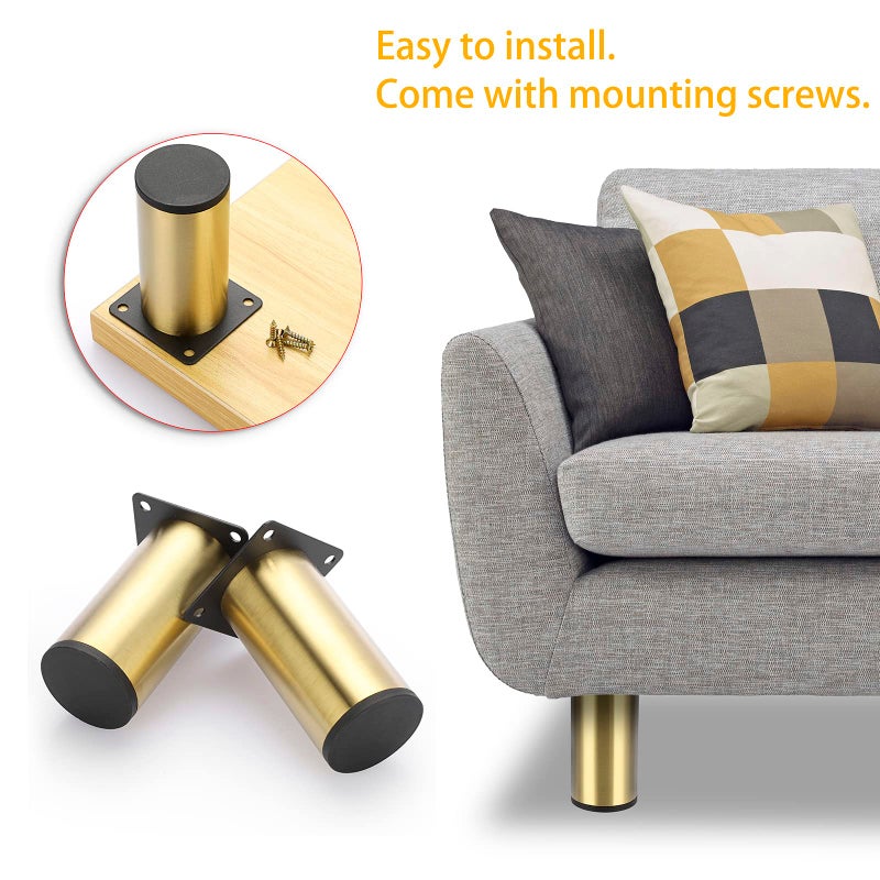 OwnMy 4PCS 4 Inch Stainless Steel Furniture Legs Feets Metal Cabinet Desk Legs  Golden Round Metal Furniture Risers Coffee Table Replacement Legs Heavy Duty Sofa Legs TV Stand Legs Dresser Chair Legs - Image 2